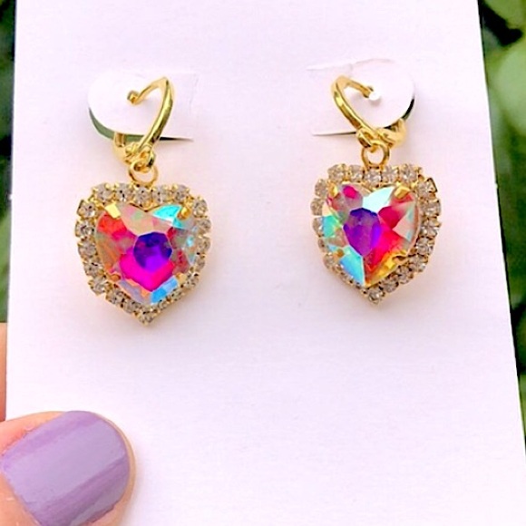 Jewelry - Aurora Borealis Heart Crystal Halo Drop Earrings